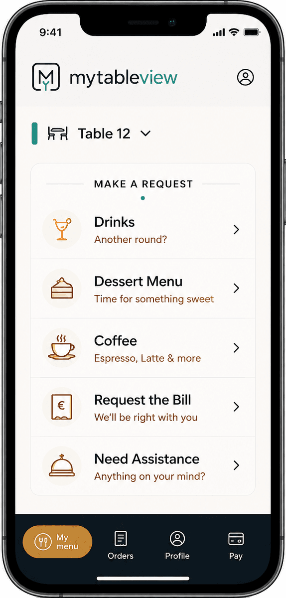 Guest phone screen: make a request — drinks, dessert menu, coffee, request the bill, need assistance