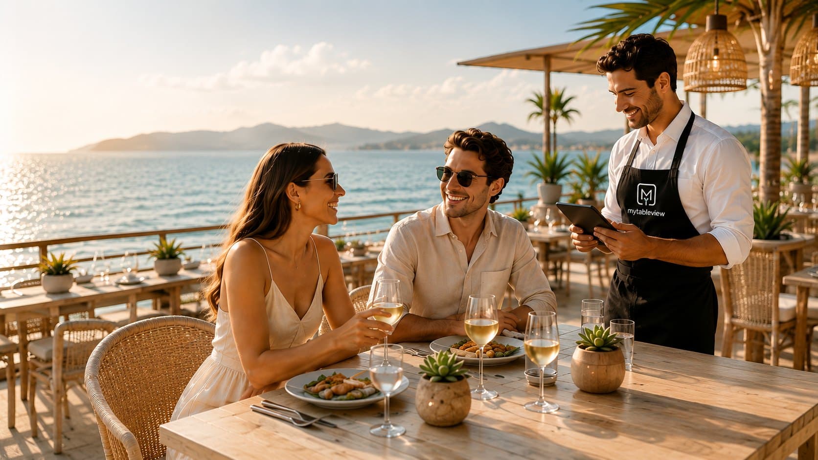 Guests at a seaside terrace while a waiter takes a request on a tablet